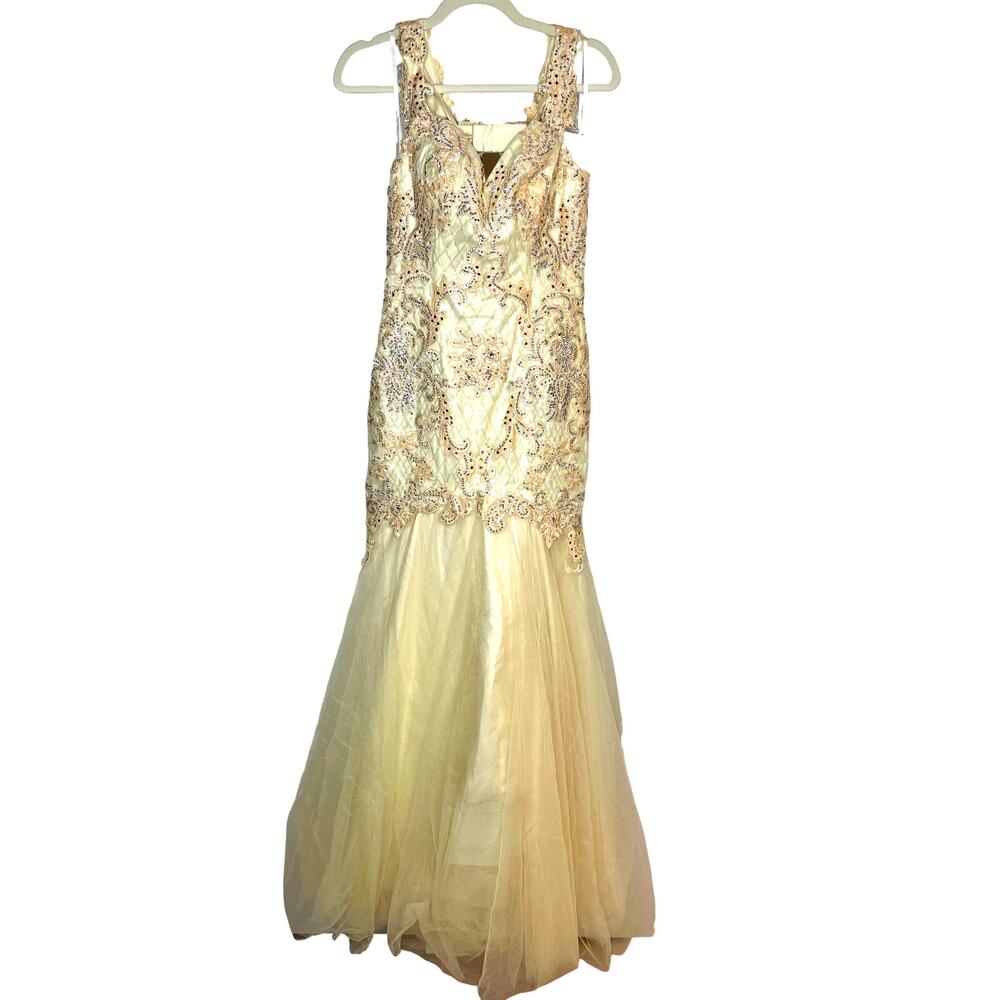 NWT Lucci Lu 28062, Off the Shoulder Champagne Trumpet Tulle Gown Beaded, 10